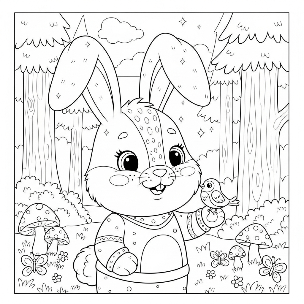 Desenho de coelho para colorir conversando com passarinho na floresta com cogumelos