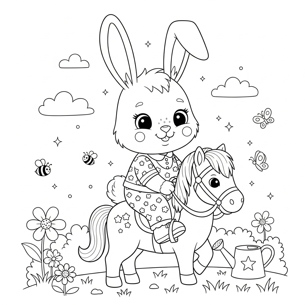 Desenho de coelho para colorir cavalgando em pônei no jardim com flores e abelhas