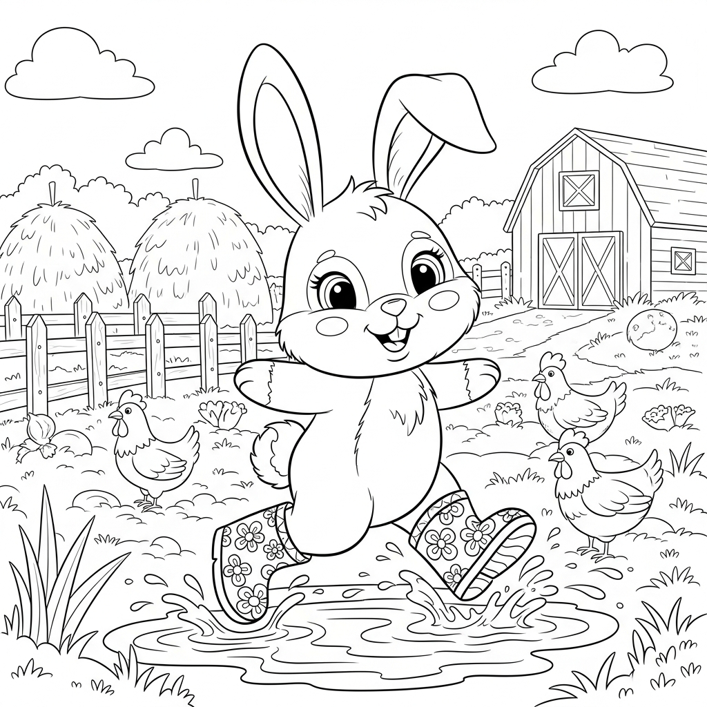 Desenho de coelho para colorir pulando em poça d'água com botinha na fazenda.