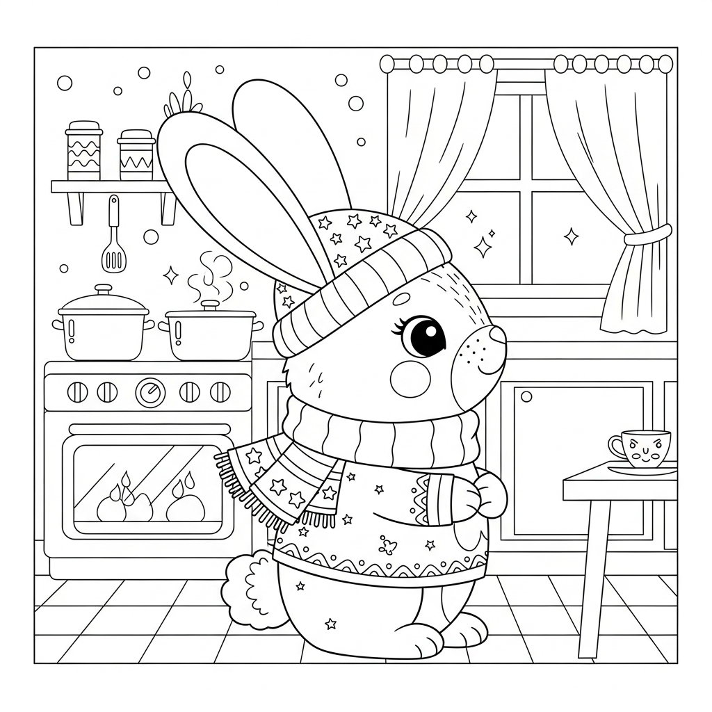 Desenho de coelho para colorir agasalhado com cachecol e gorro na cozinha.