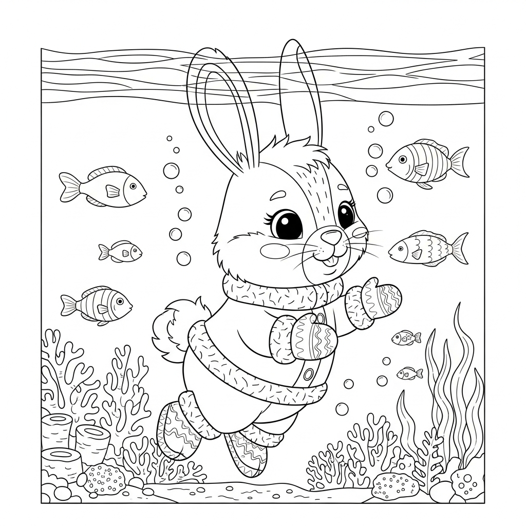 Desenho de coelho para colorir em traje de inverno no fundo do mar