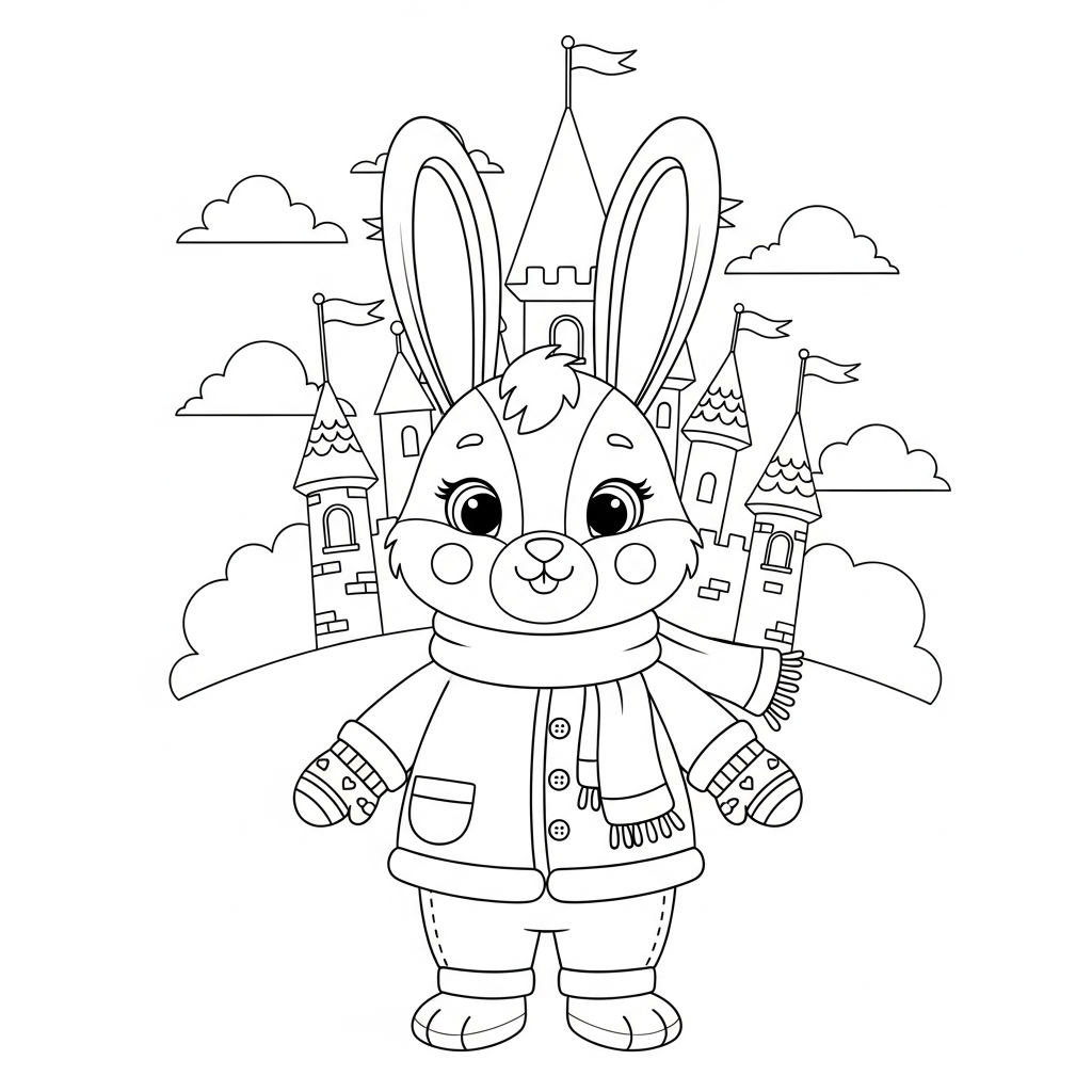 Desenho de coelho para colorir em traje de inverno com luvas grossas no castelo
