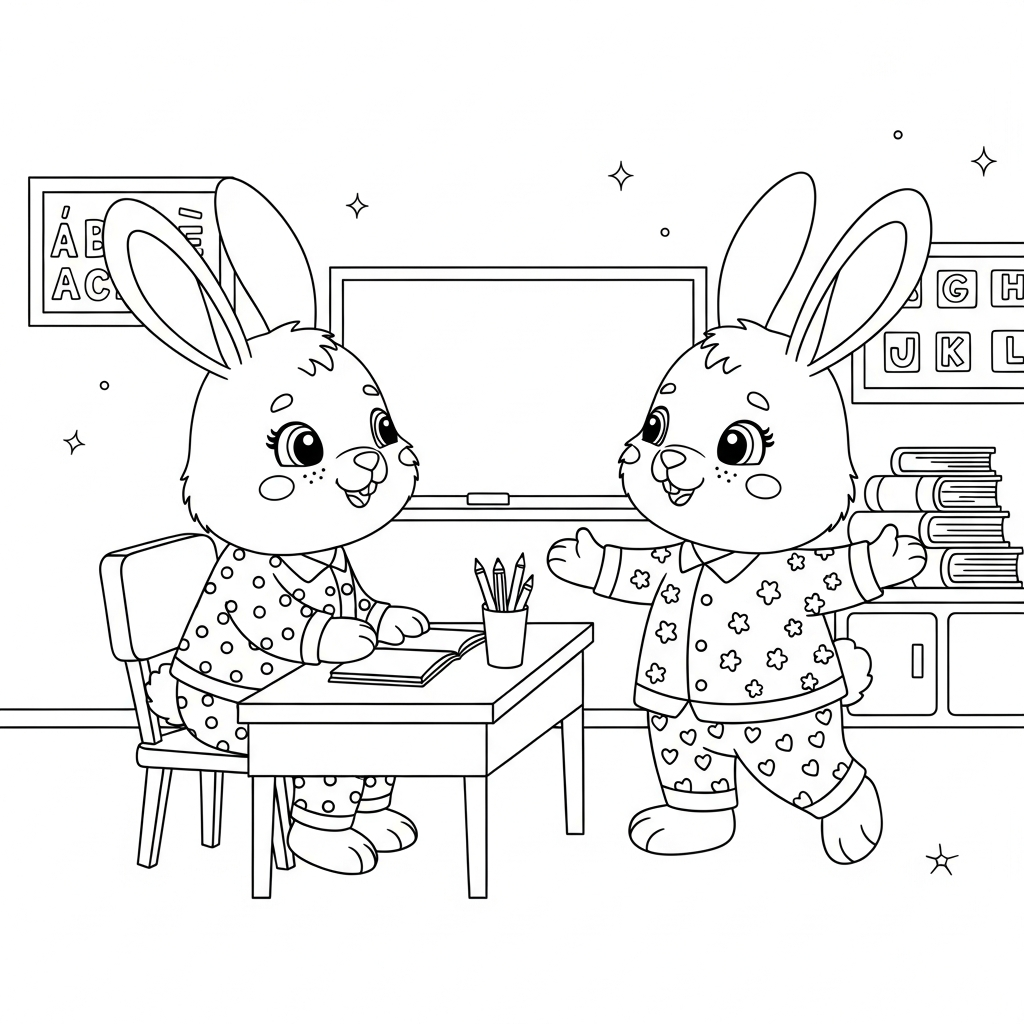 Desenho de coelho para colorir em pijama, na sala de aula com lousa.