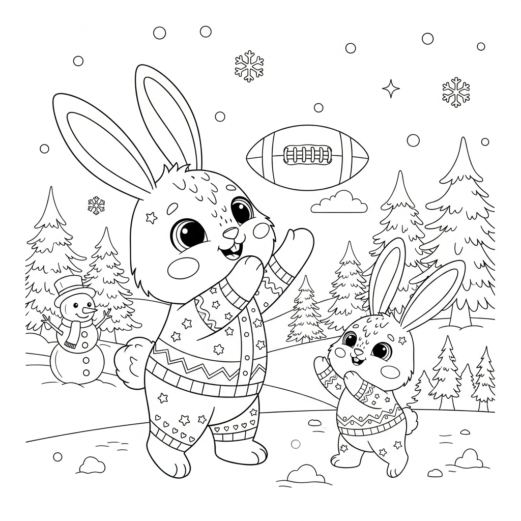 Desenho de coelho para colorir brincando com bola de futebol americano na paisagem nevada.