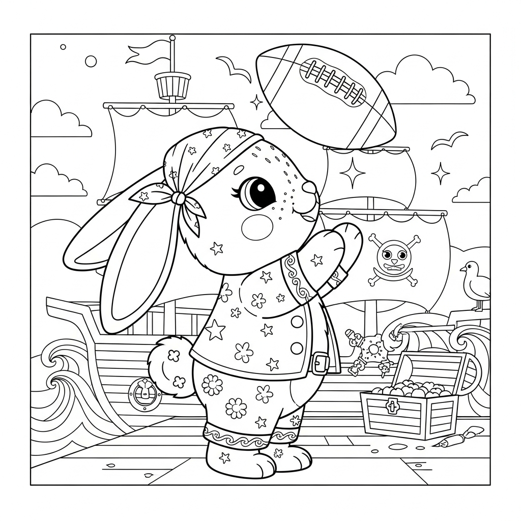 Desenho de coelho para colorir brincando com bola de futebol americano no navio pirata.