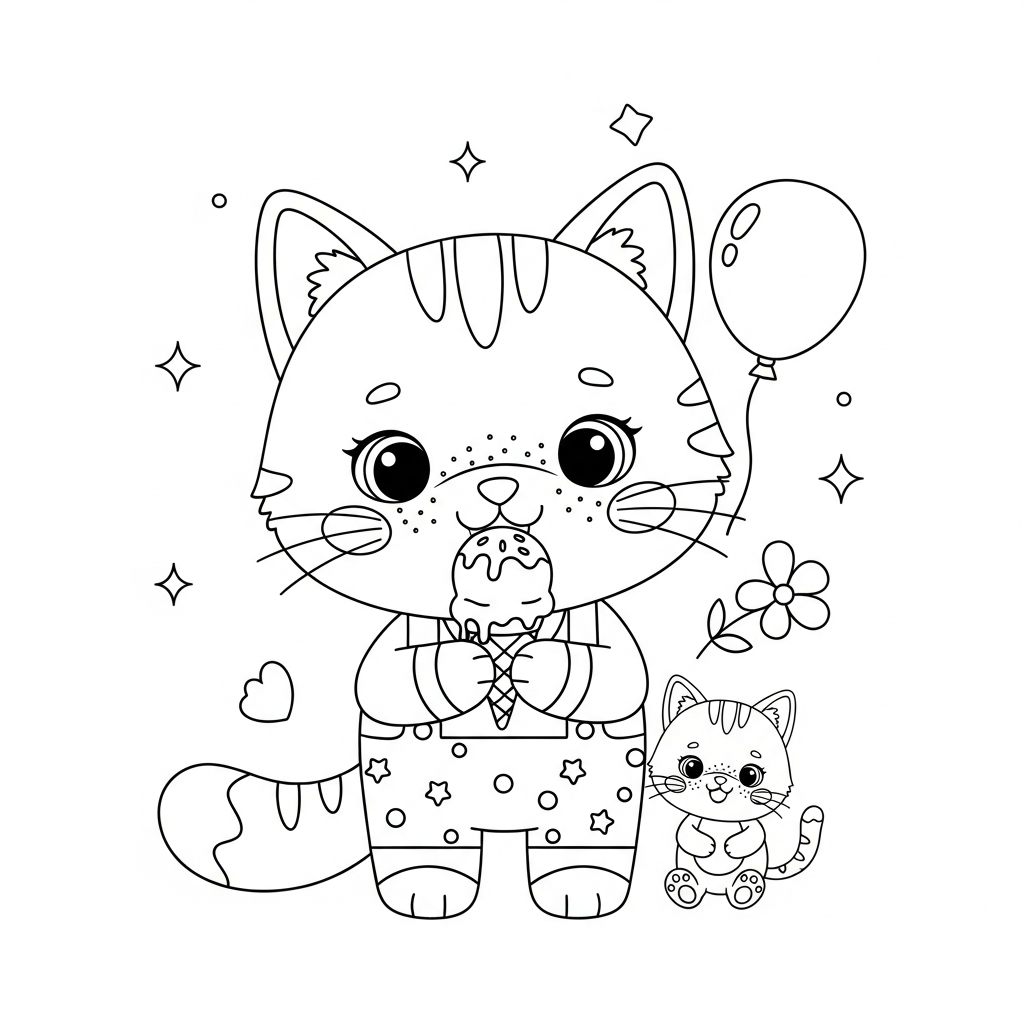Desenho de gatinho para colorir comendo casquinha de sorvete perto de uma flor.