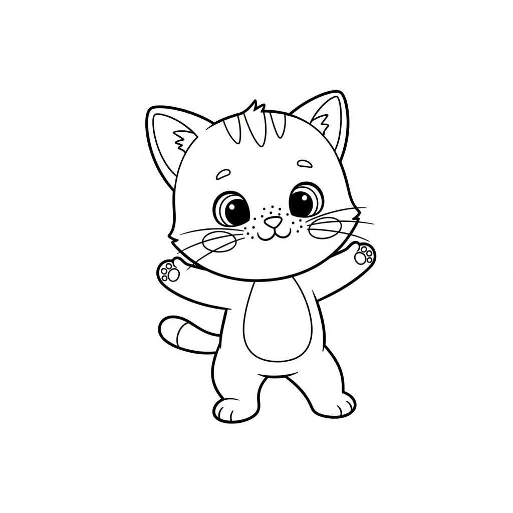 Desenho de gatinho para colorir dançando com os braços para cima