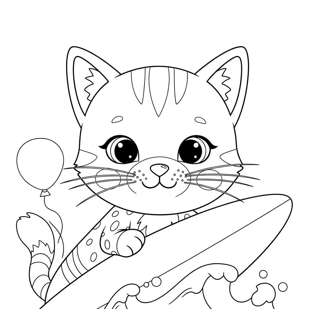 Desenho de gatinho para colorir surfando em uma onda com concha pequena