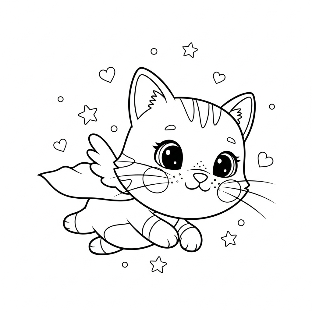 Desenho de gatinho para colorir voando com asinhas entre estrelinhas e corações.