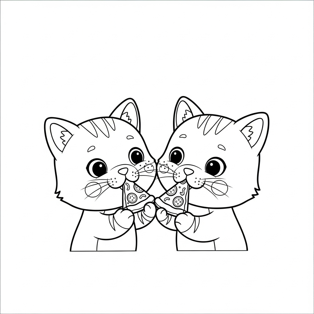 Desenho de gatinho para colorir comendo uma fatia de pizza alegremente