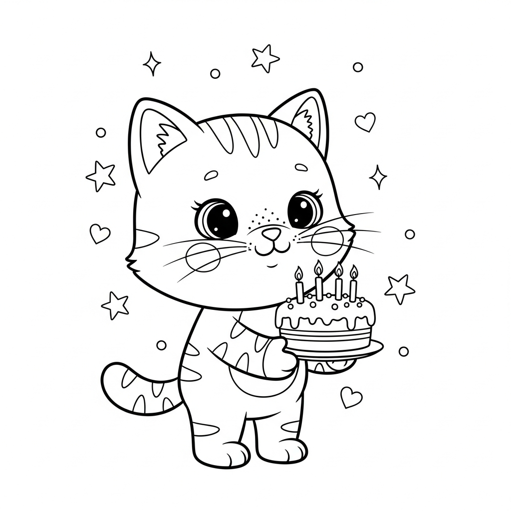 Desenho de gatinho para colorir segurando bolo de aniversário com velas, estrelinhas e corações.