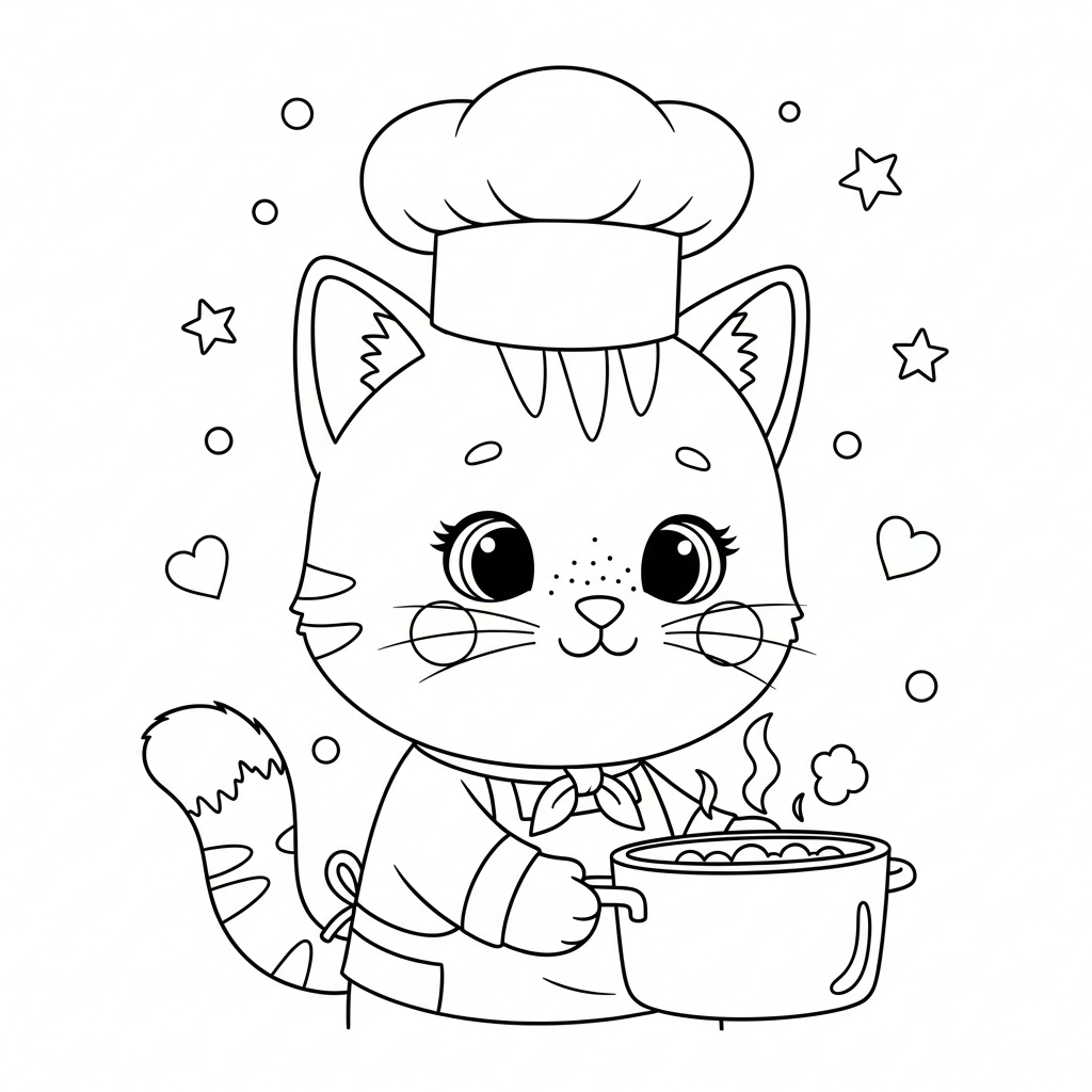 Desenho de gatinho para colorir usando chapéu de chef e cozinhando com estrelinhas e corações