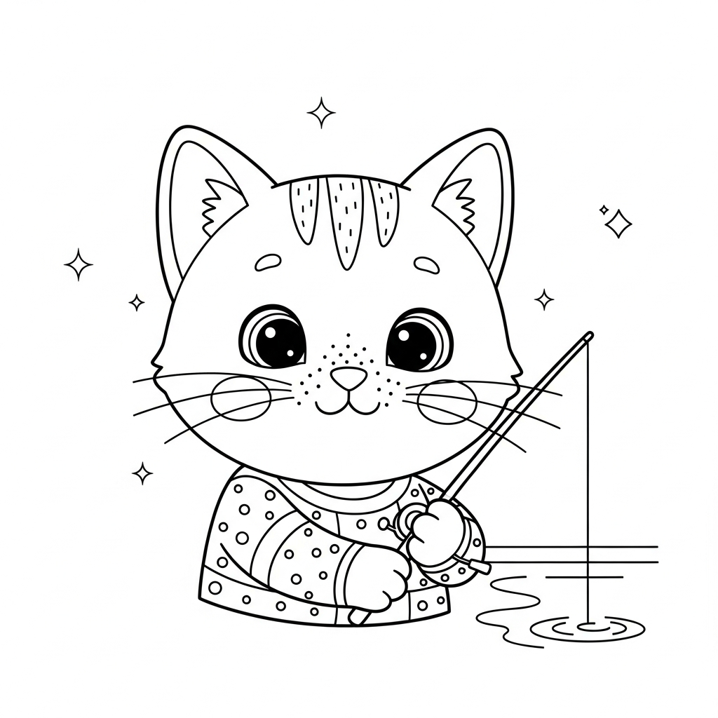 Desenho de gatinho para colorir pescando com uma vara simples