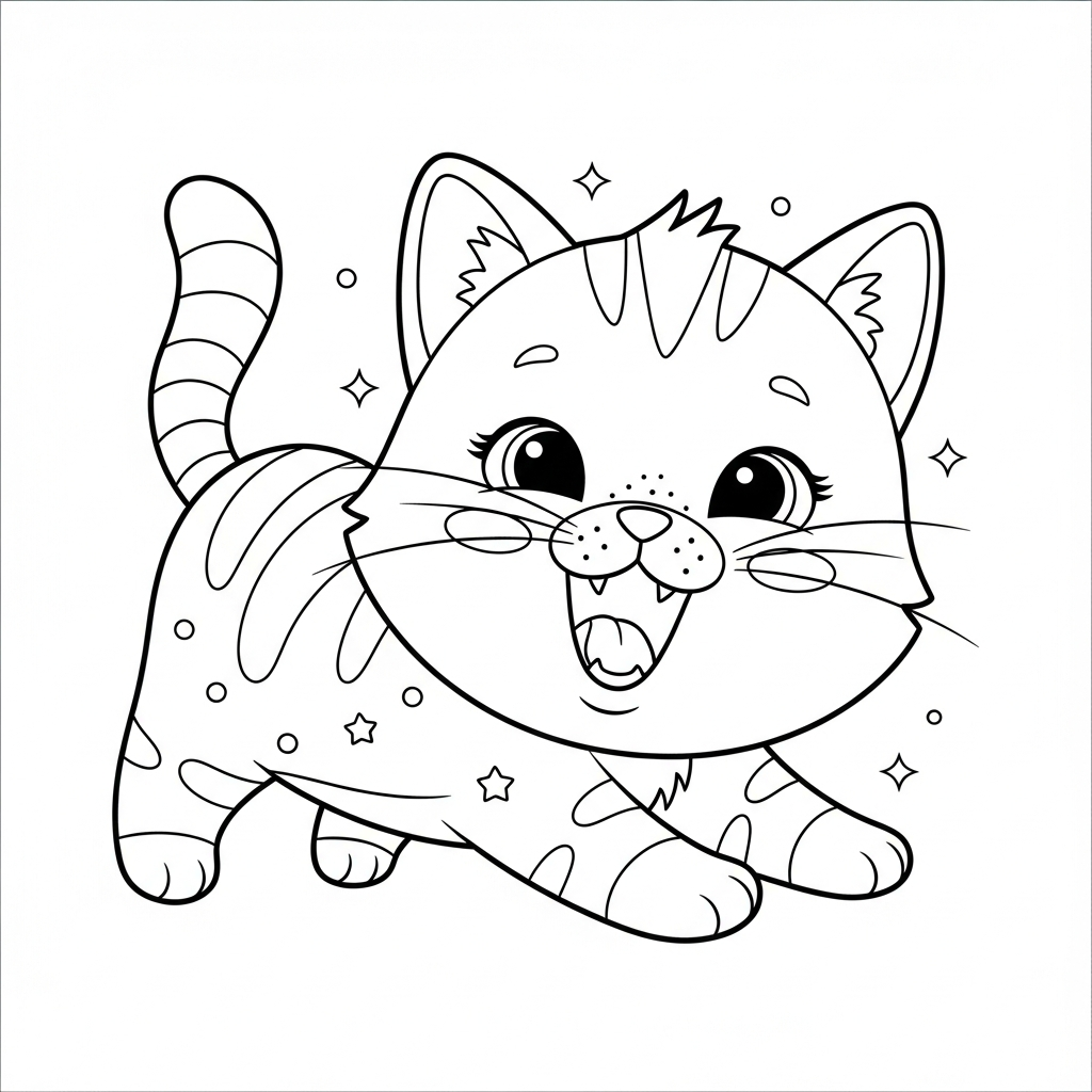 Desenho de gatinho para colorir bocejando enquanto se espreguiça preguiçosamente.