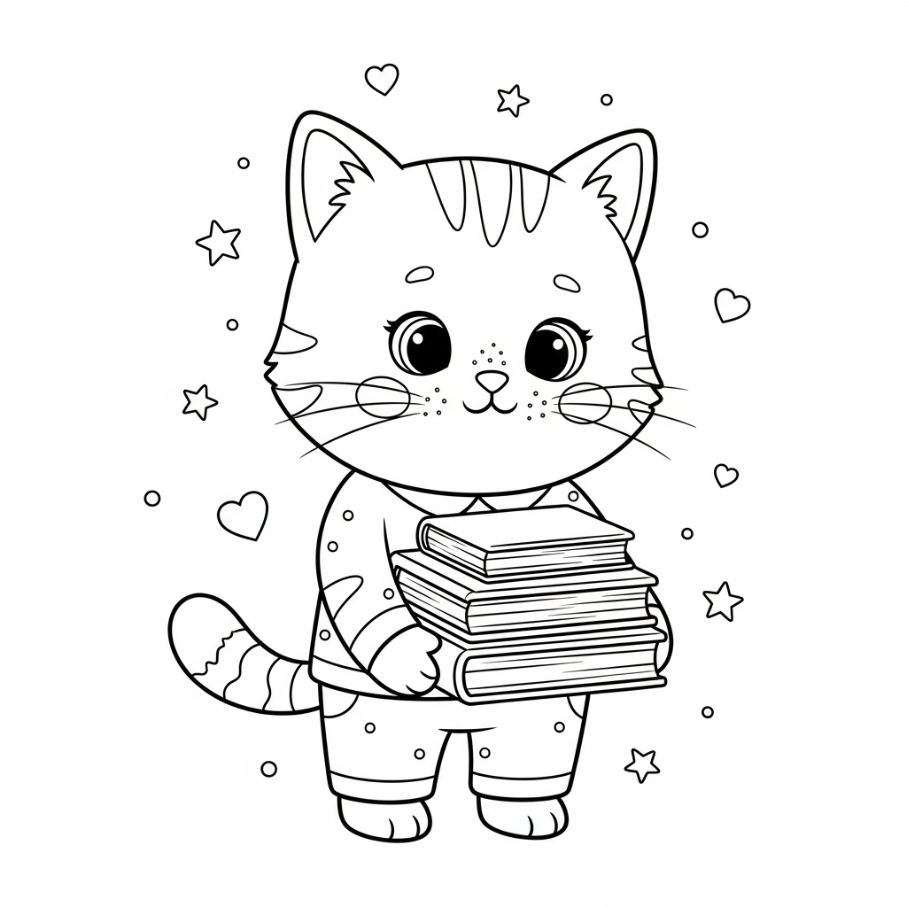 Desenho de gatinho para colorir carregando pilha de livros entre estrelinhas e corações
