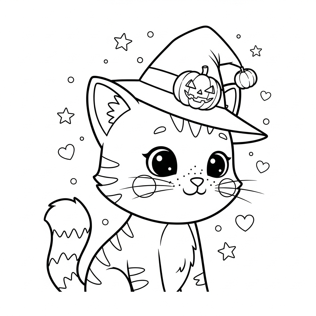 Desenho de gatinho para colorir usando chapéu de bruxa com estrelinhas e corações