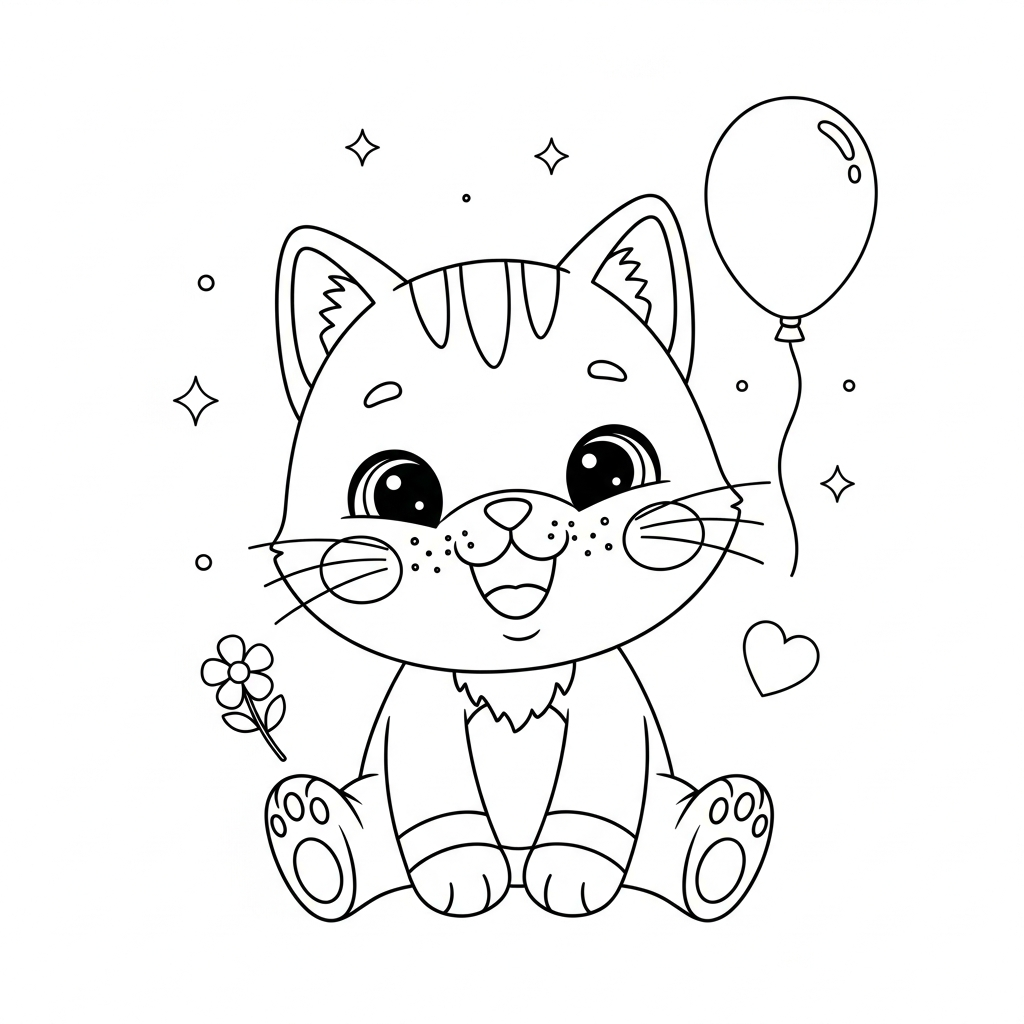 Desenho de gatinho para colorir rindo com mãos na barriga e novelo pequeno