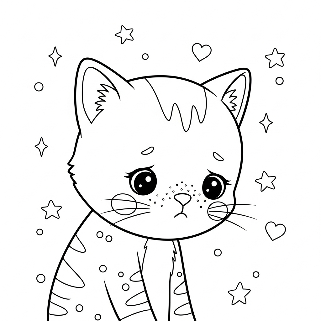 Desenho de gatinho para colorir triste com cabeça baixa, estrelinhas e corações decorativos.