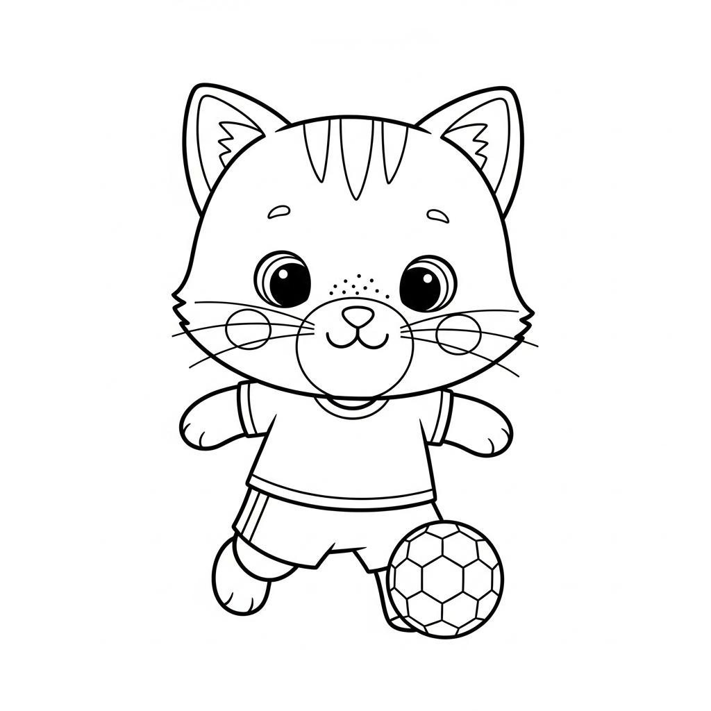 Desenho de gatinho para colorir jogando futebol com a bola no pé
