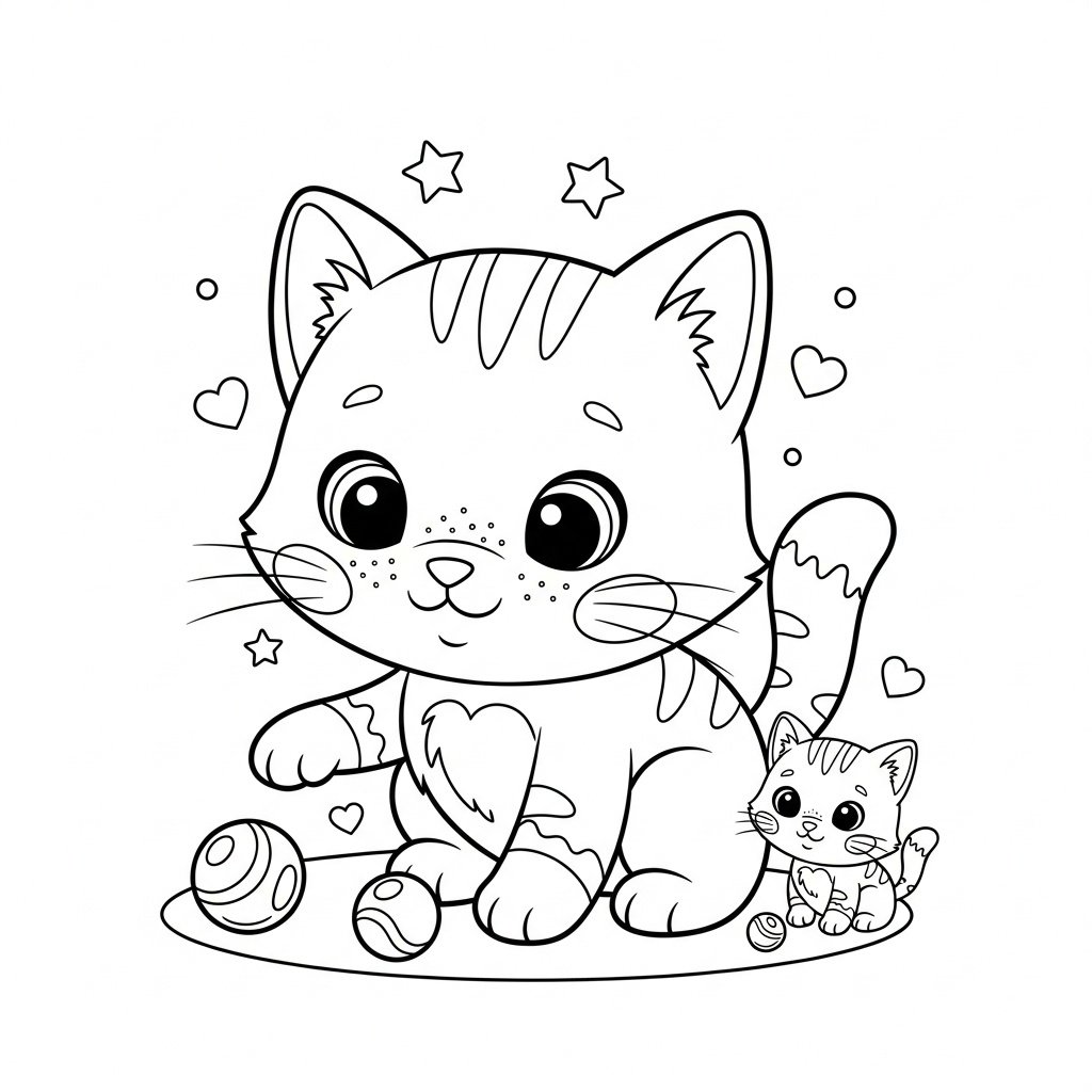 Desenho de gatinho para colorir jogando bolinhas de gude com estrelinhas e corações.