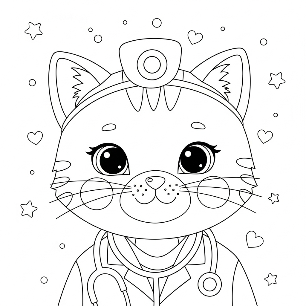 Desenho de gatinho para colorir vestido de médico com estetoscópio, estrelinhas e corações.