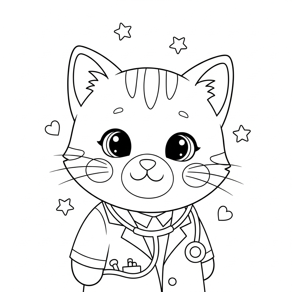 Desenho de gatinho para colorir vestido de médico com estetoscópio, estrelinhas e corações.