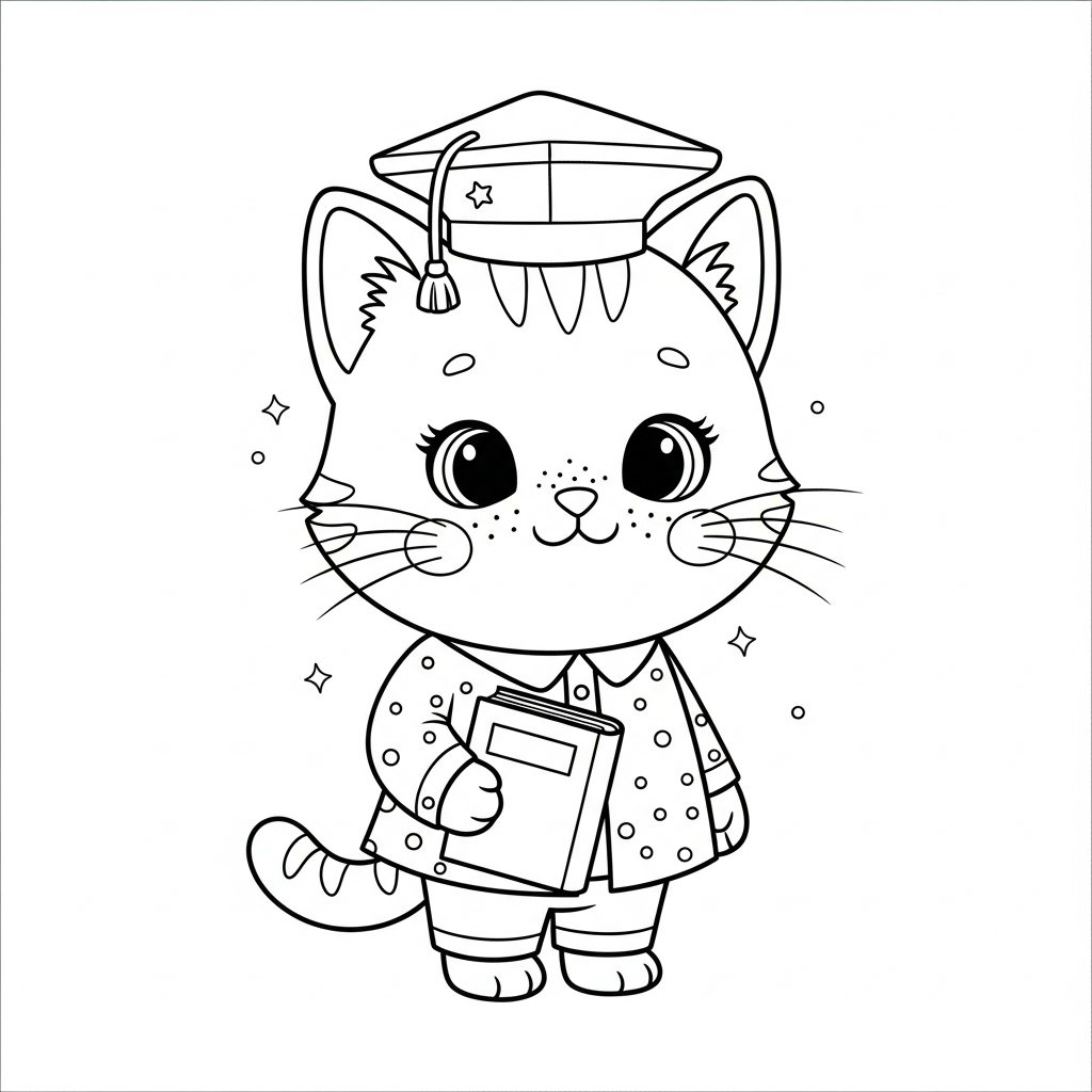 Desenho de gatinho para colorir vestido de professor segurando um livro