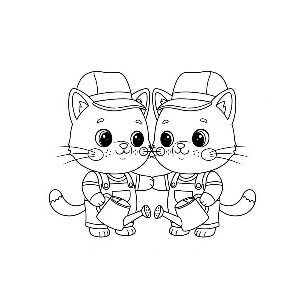 Desenho de gatinho para colorir vestido de jardineiro segurando um regador