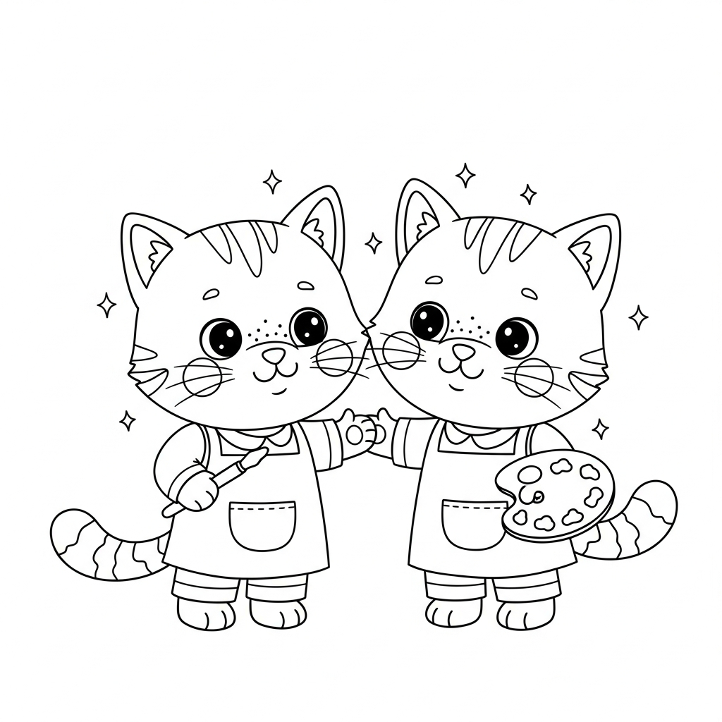 Desenho de gatinho para colorir vestido de pintor com paleta de tintas