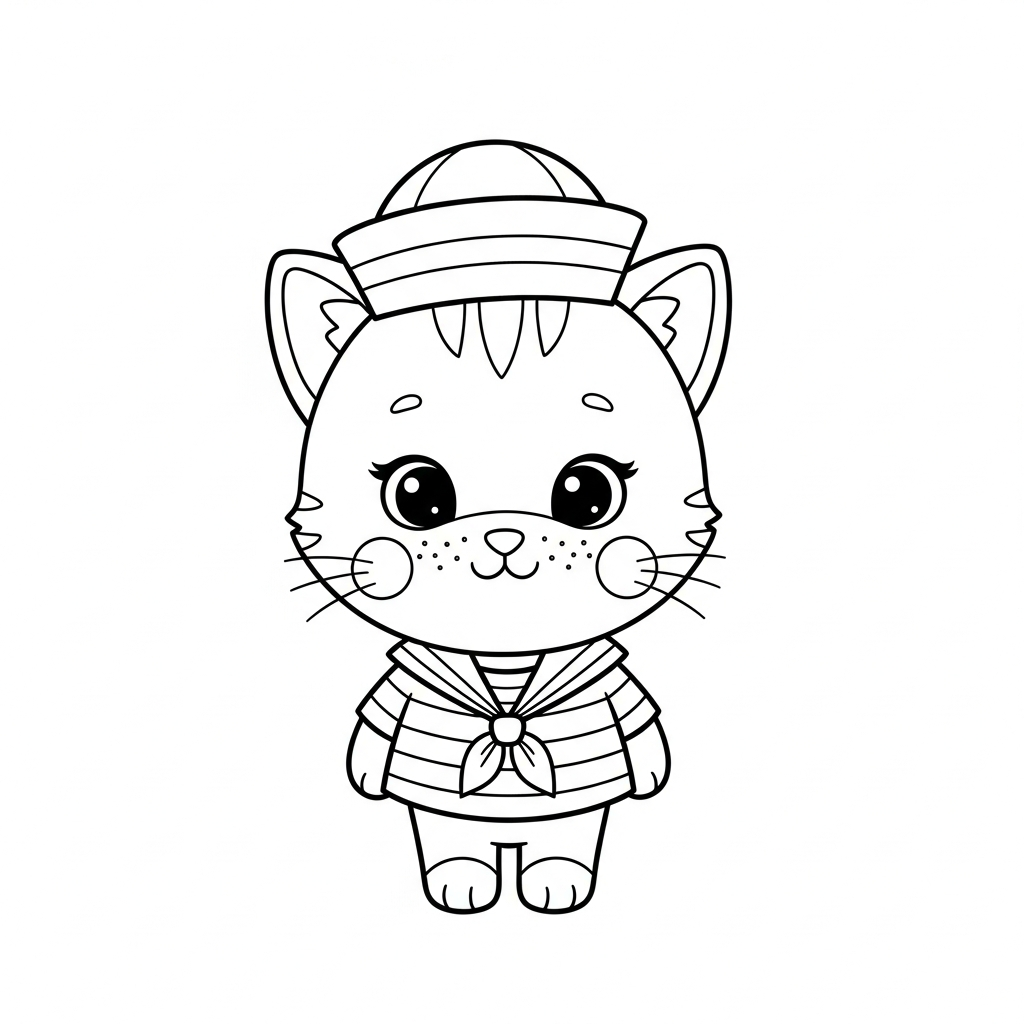 Desenho de gatinho para colorir vestido de marinheiro com chapéu listrado