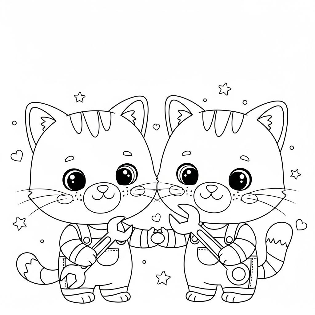Desenho de gatinho para colorir vestido de mecânico com chave inglesa, estrelinhas e corações.
