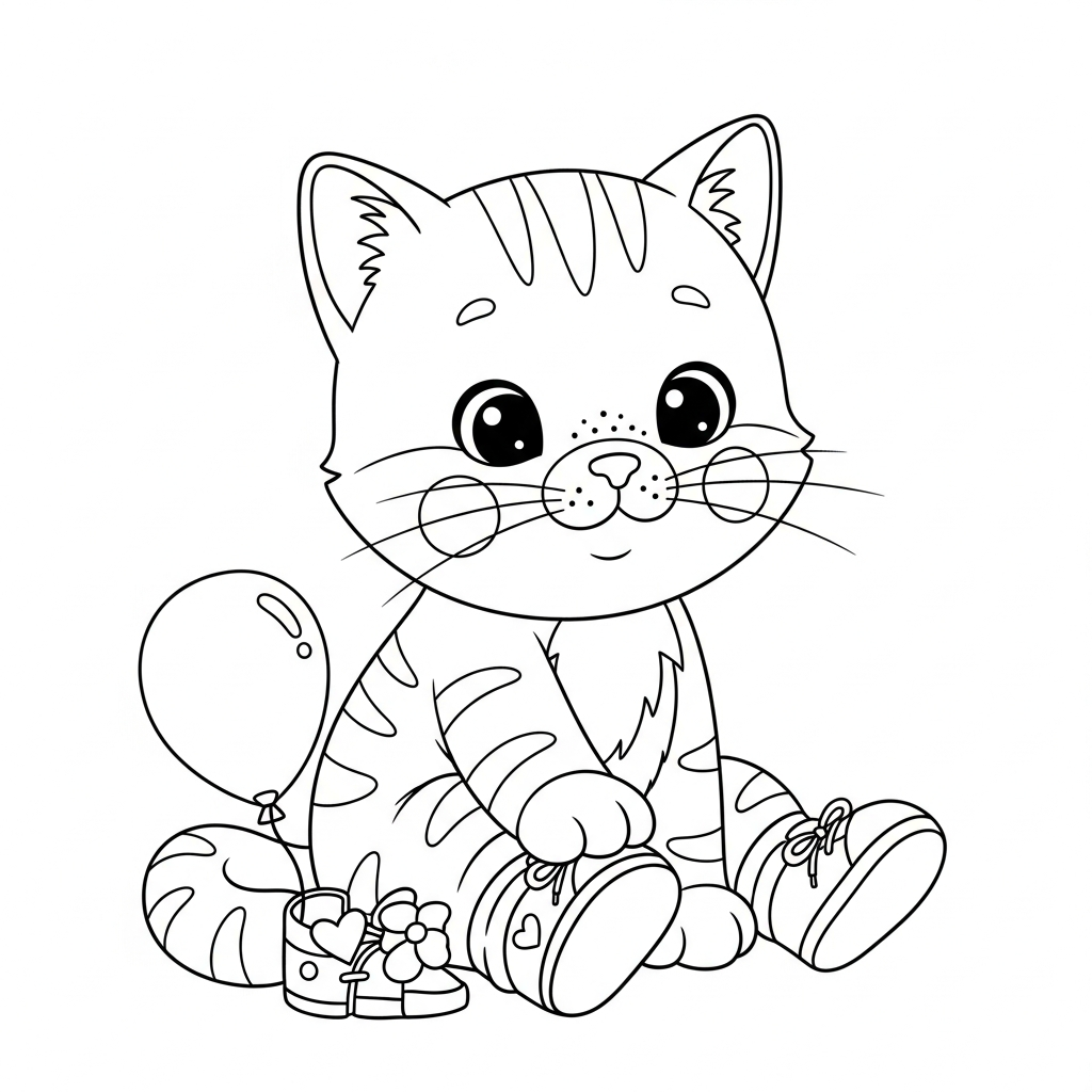 Desenho de gatinho para colorir colocando os sapatos sentado ao lado de uma bolinha.