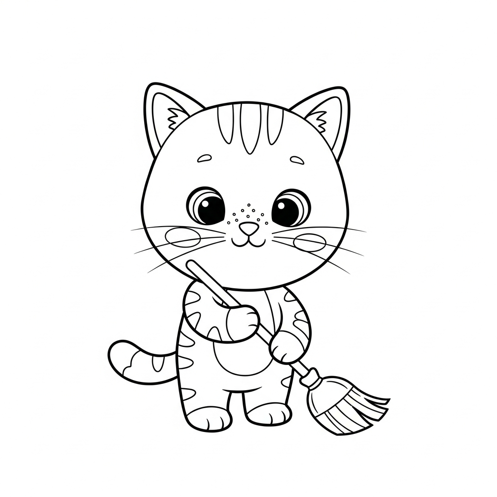 Desenho de gatinho para colorir varrendo o chão com uma vassoura