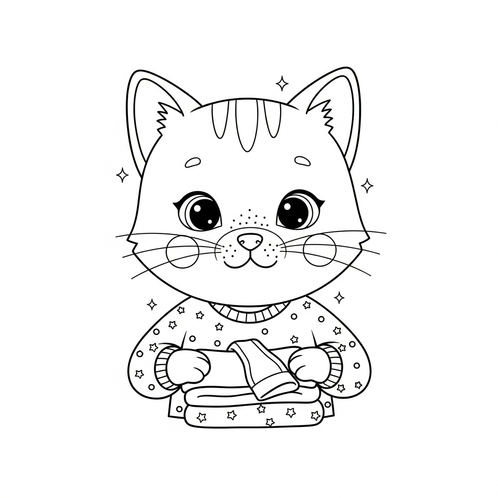Desenho de gatinho para colorir dobrando roupas em uma pilha organizada