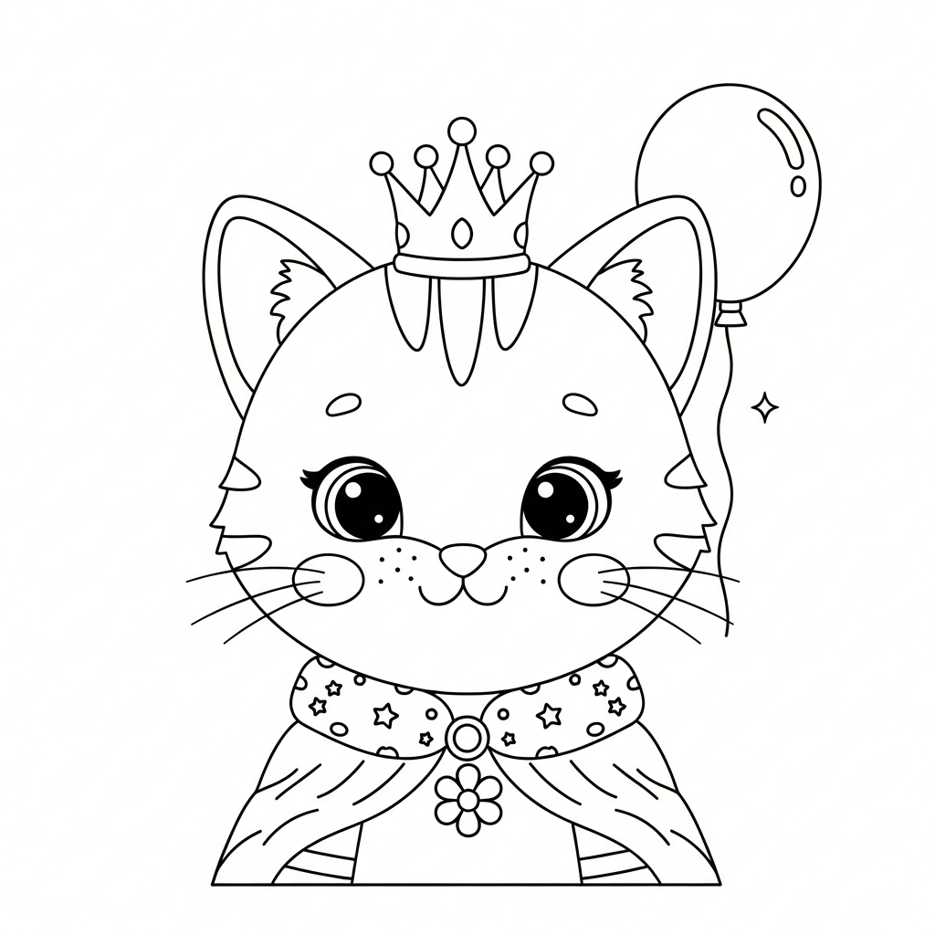 Desenho de gatinho para colorir vestido de rei, com coroa, capa e cetro.