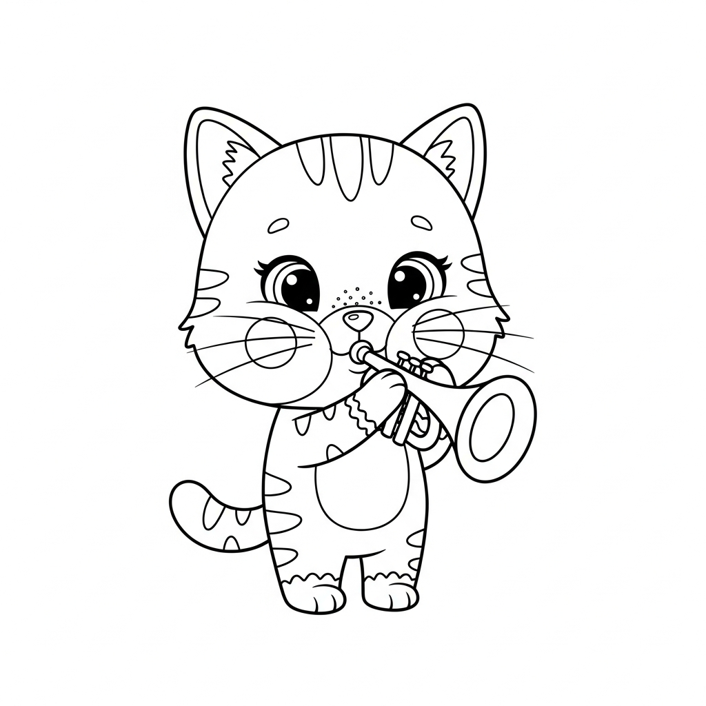 Desenho de gatinho para colorir tocando trompete, com bochechas em contorno e estrela pequena.