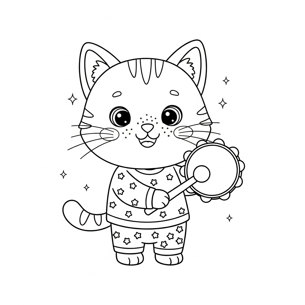 Desenho de gatinho para colorir tocando pandeiro com sorriso alegre