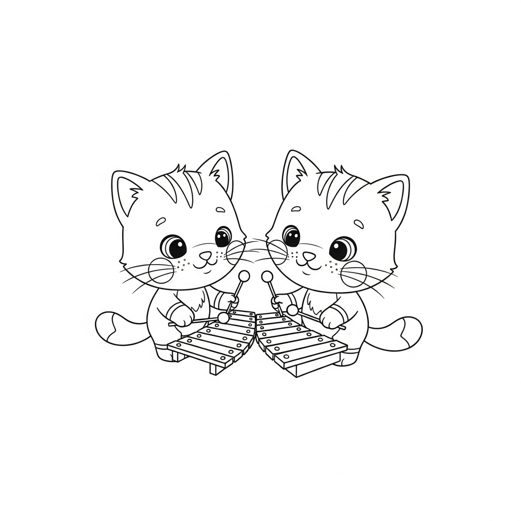 Desenho de gatinho para colorir tocando xilofone alegremente com baquetas