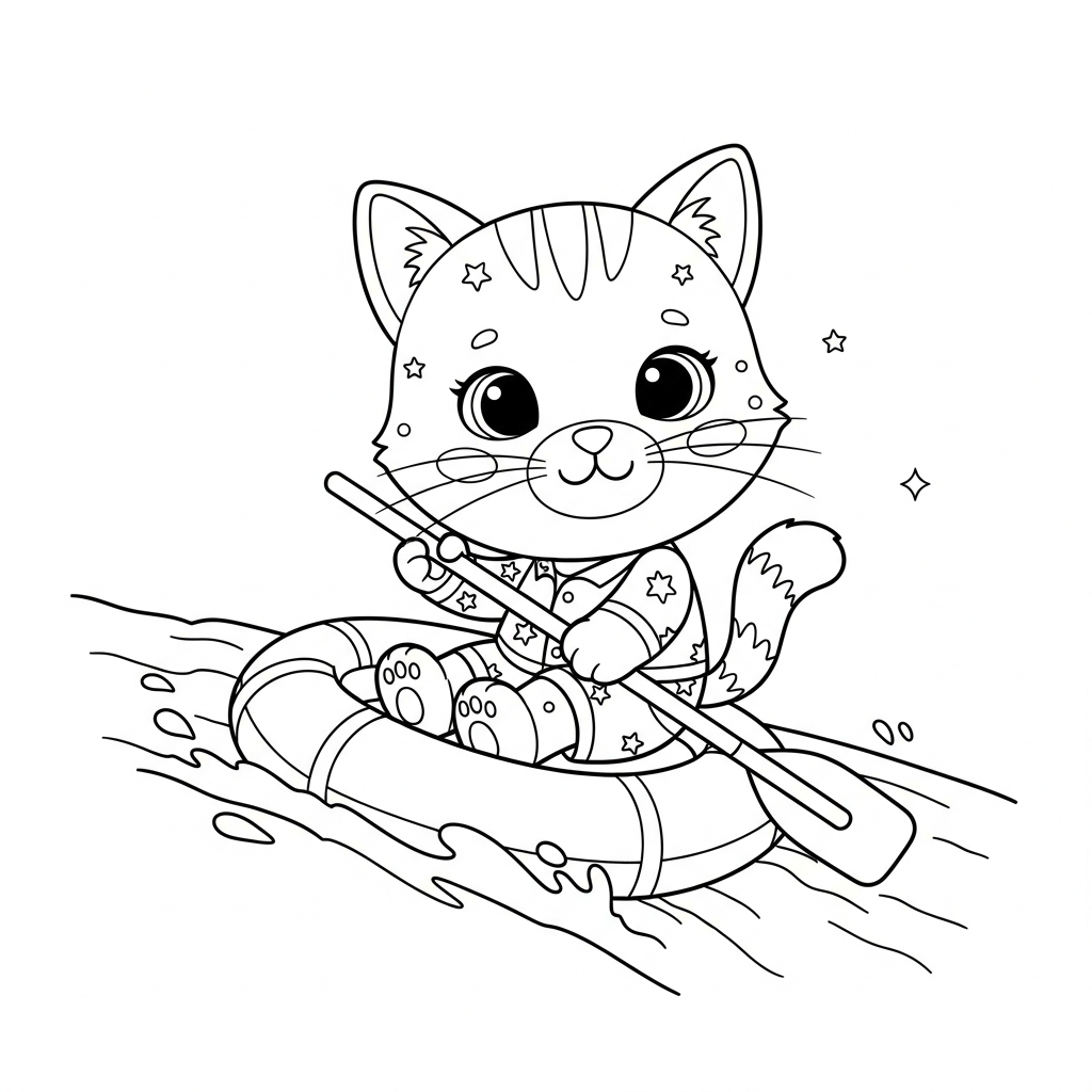 Desenho de gatinho para colorir descendo cachoeira em um bote divertido