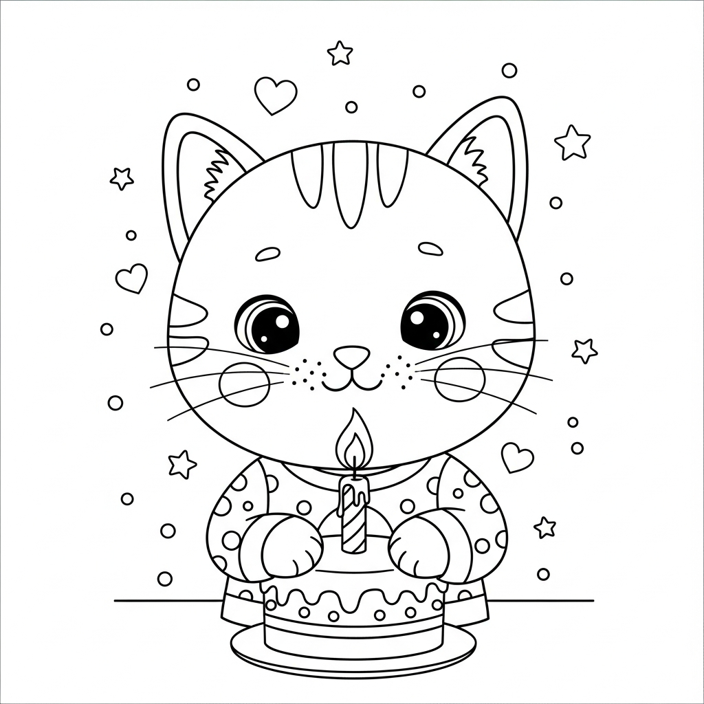 Desenho de gatinho para colorir acendendo vela no bolo, com estrelinhas e corações