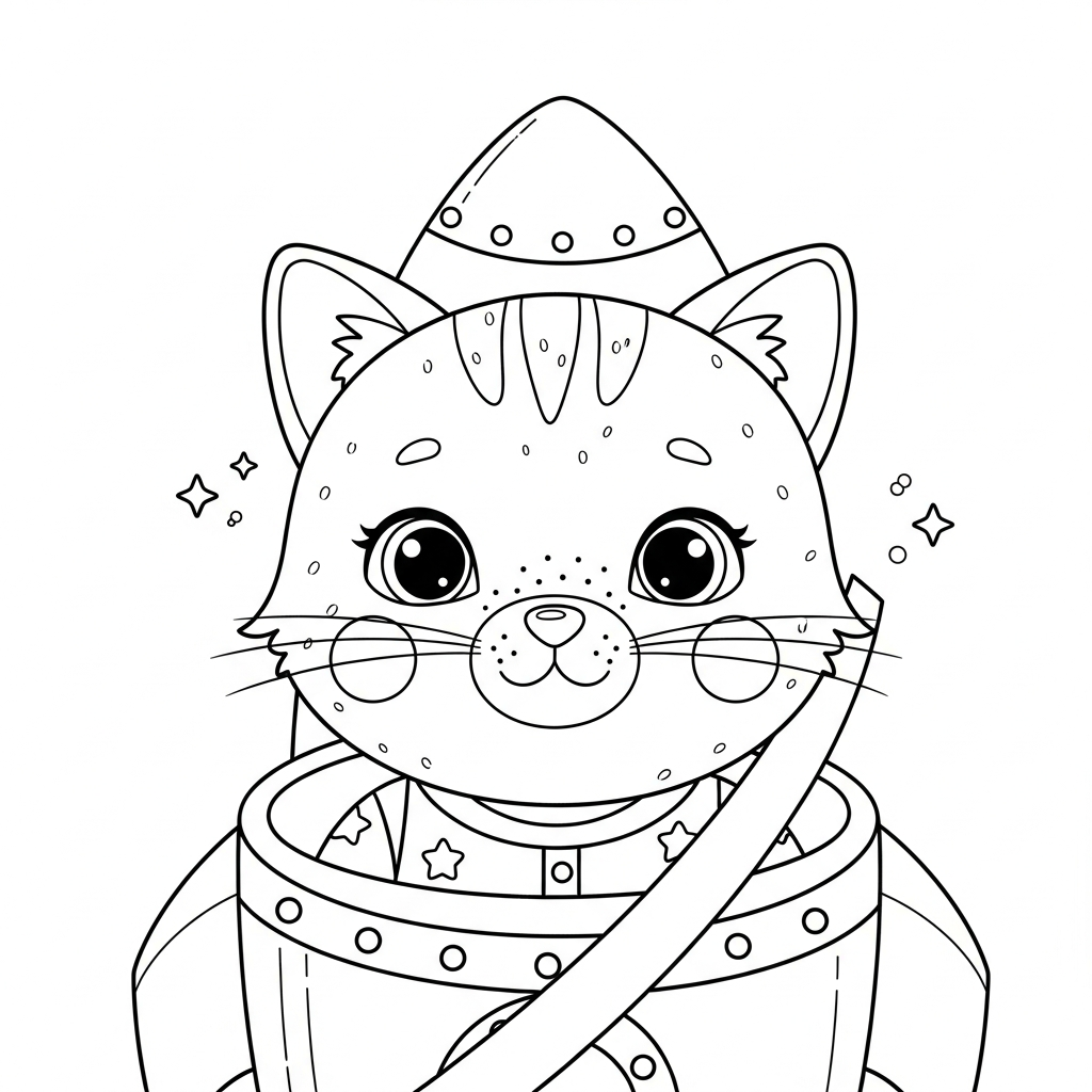 Desenho de gatinho para colorir dentro de foguete usando cinto de segurança