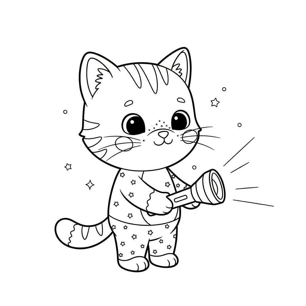 Desenho de gatinho para colorir segurando lanterna e iluminando o caminho