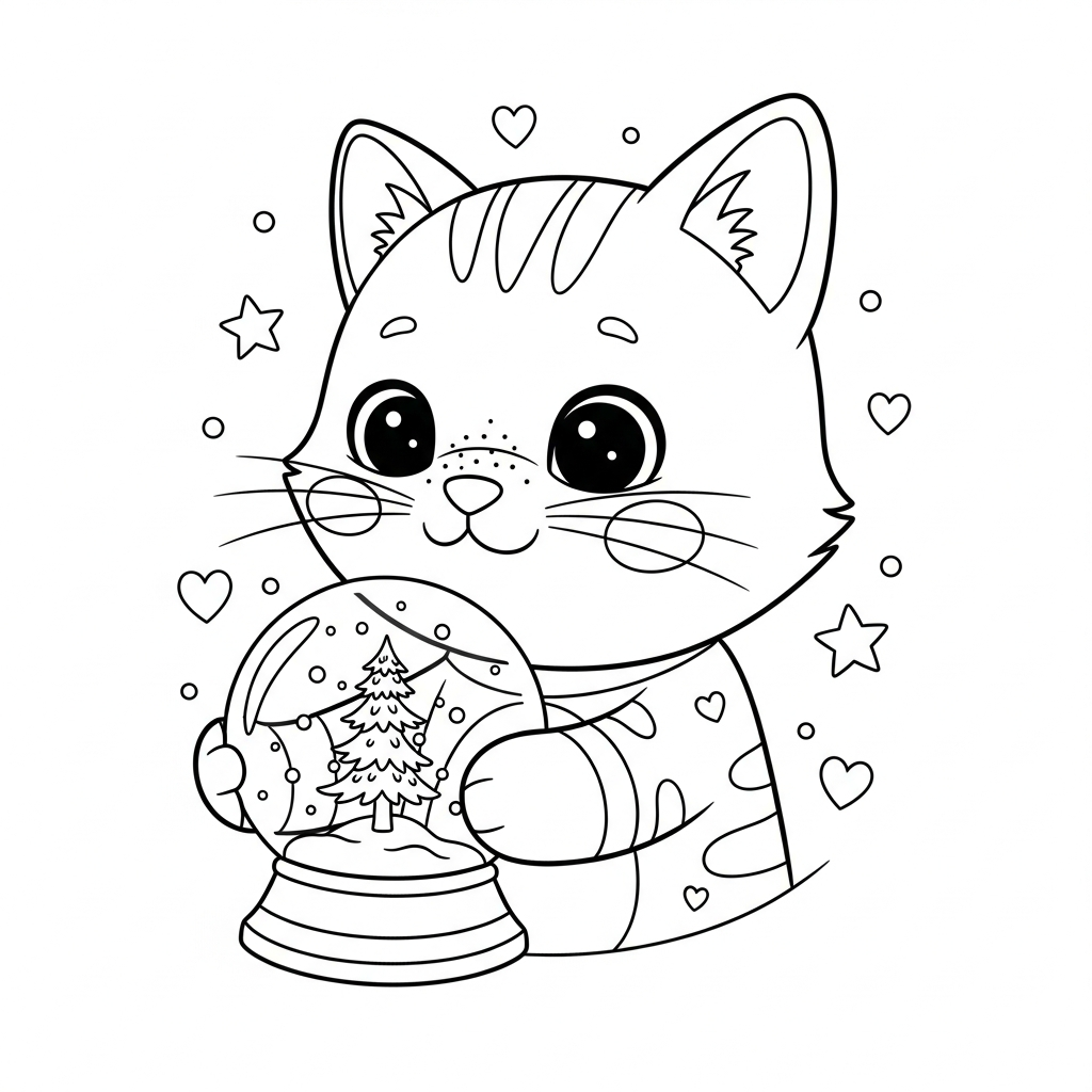 Desenho de gatinho para colorir segurando snow globe com flocos, estrelinhas e corações.