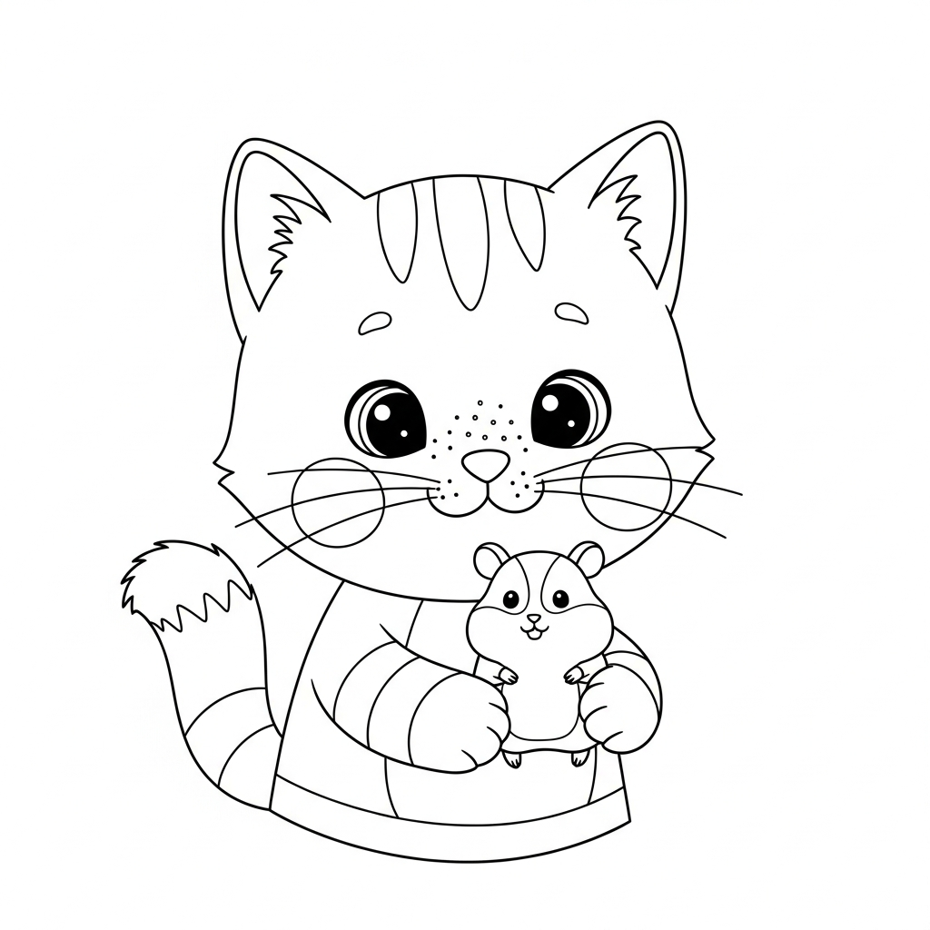 Desenho de gatinho para colorir brincando com hamster na mão