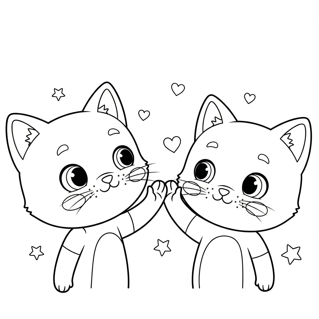 Desenho de gatinho para colorir dando high-five com estrelinhas e corações decorativos