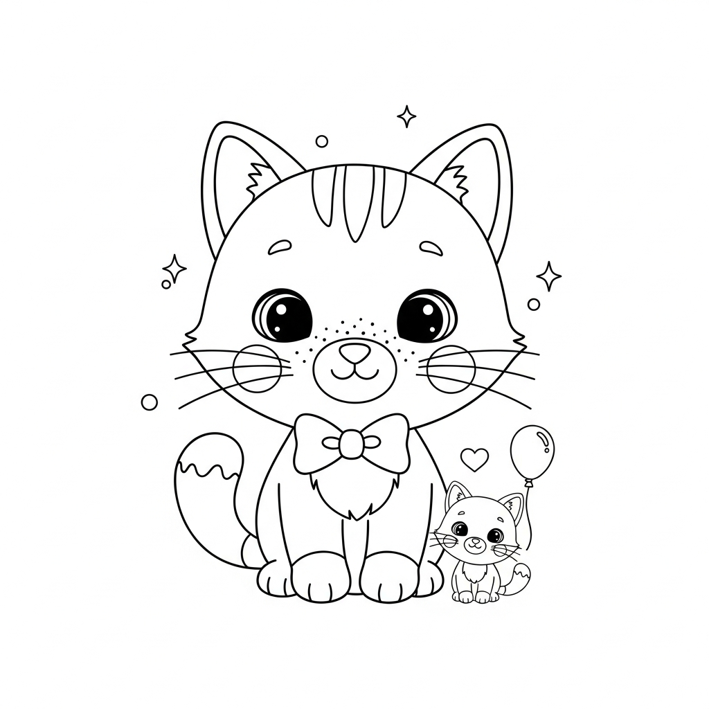 Desenho de gatinho para colorir fazendo reverência polida ao lado de uma flor.