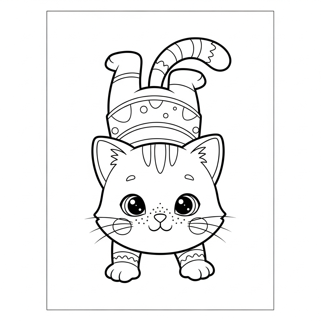 Desenho de gatinho para colorir plantando bananeira apoiado nas mãos