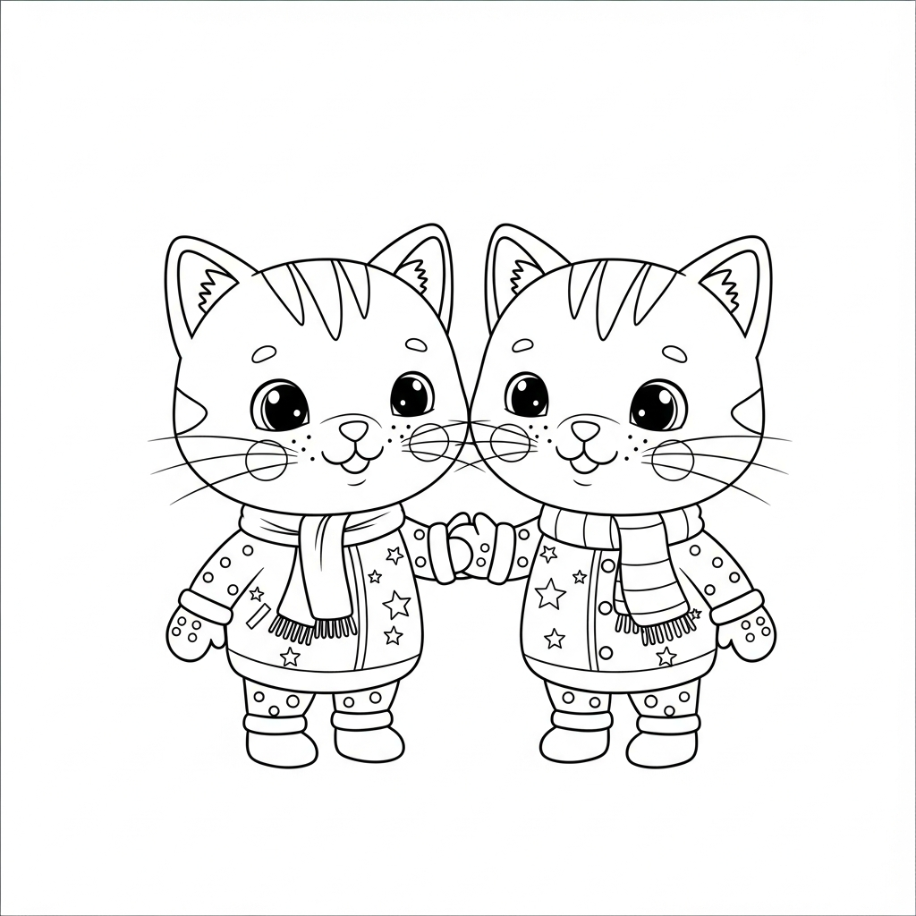 Desenho de gatinho para colorir em traje de inverno com luvas grossas