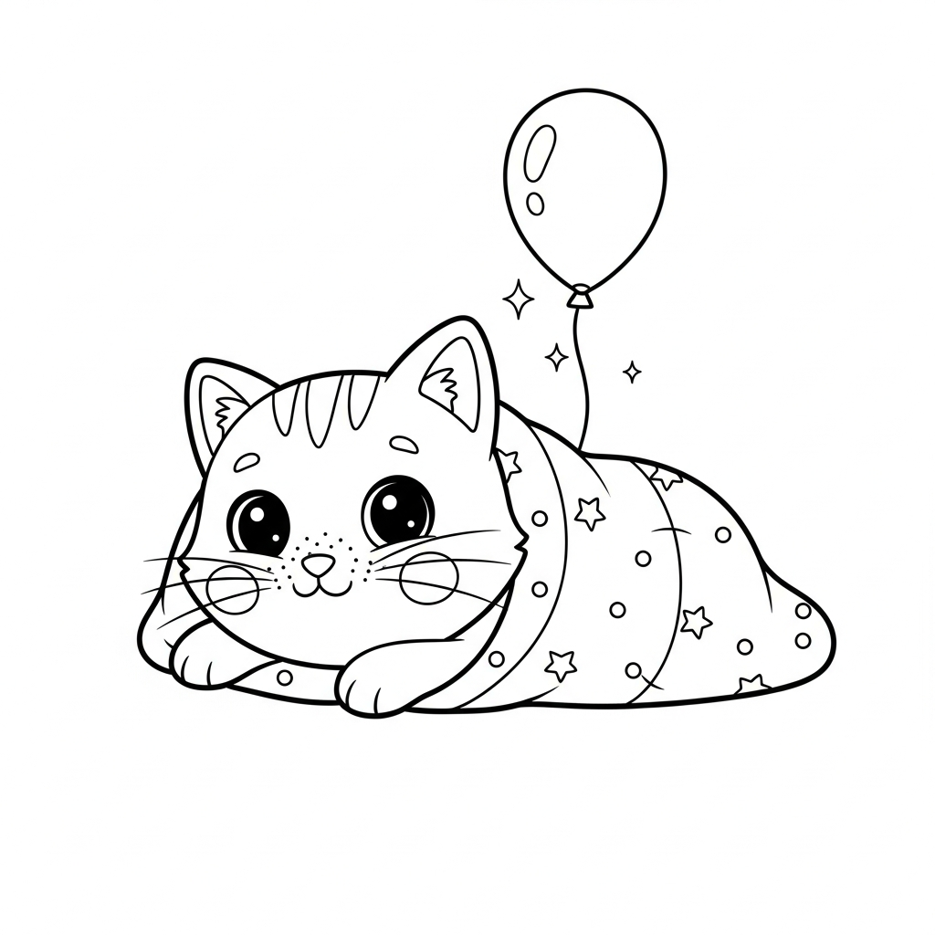 Desenho de gatinho para colorir deitado em saco de dormir com lanterna.