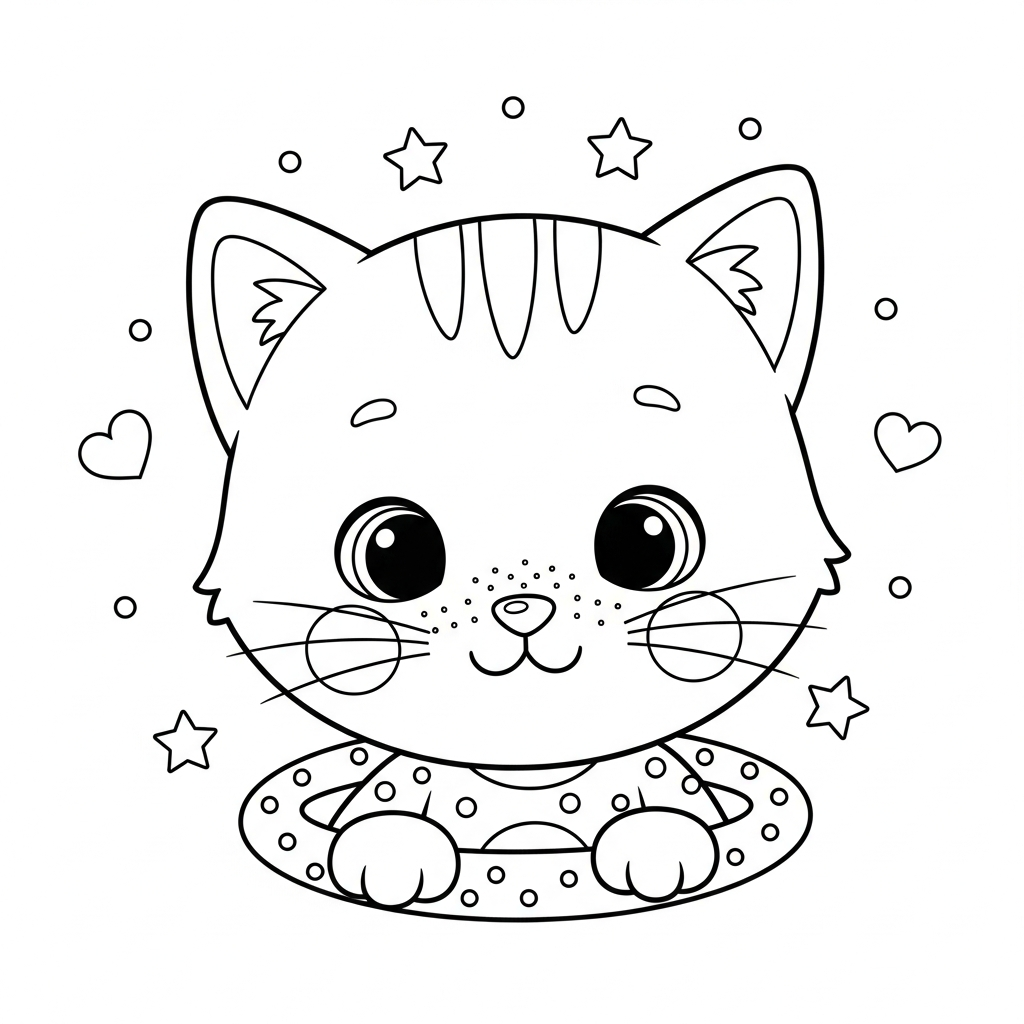 Desenho de gatinho para colorir brincando de roda com amiguinhos, estrelinhas e corações.